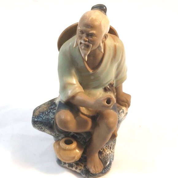 Vintage Chinese Shiwan Artistic Ceramic Mudman Fisherman Glazed Figurine 6" tall - Picture 1 of 11